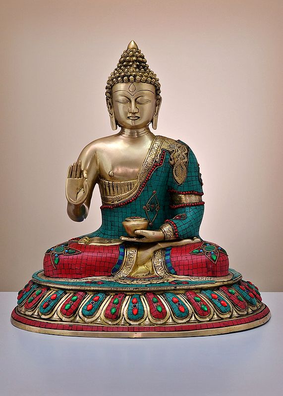 20" Brass Gautam Buddha Preaching His Dharma with Inlay Work | Handmade