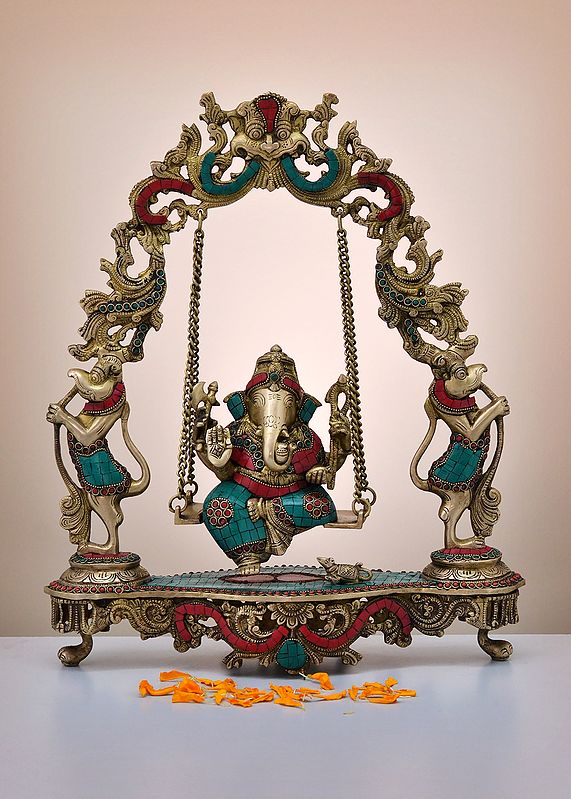 18" Brass Swing Lord Ganesha with Inlay Work | Handmade