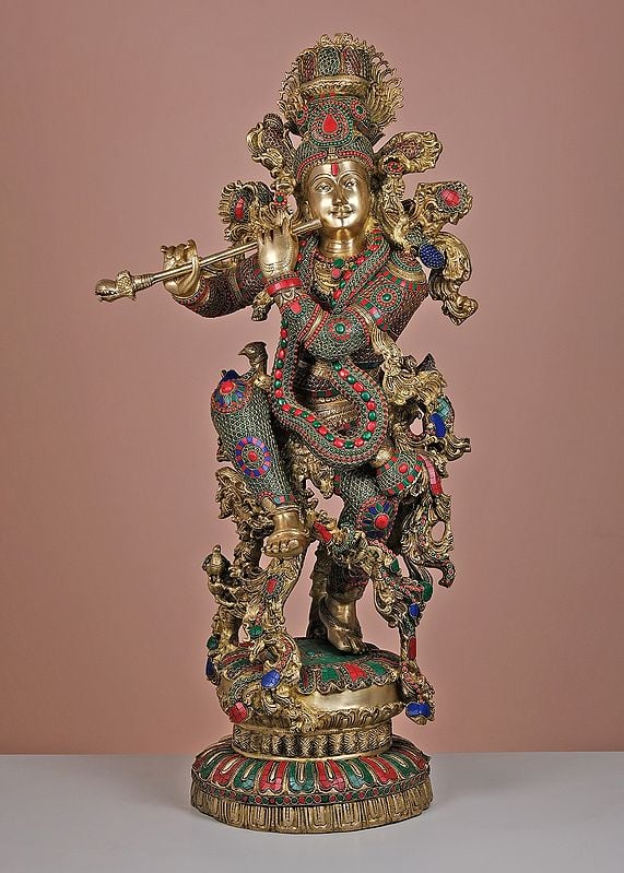 43" Large Brass Fluting Krishna with His Cow | Handmade
