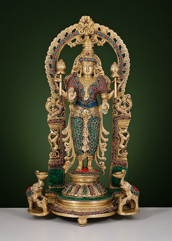 16" Brass Goddess Lakshmi with Inlay Work | Handmade