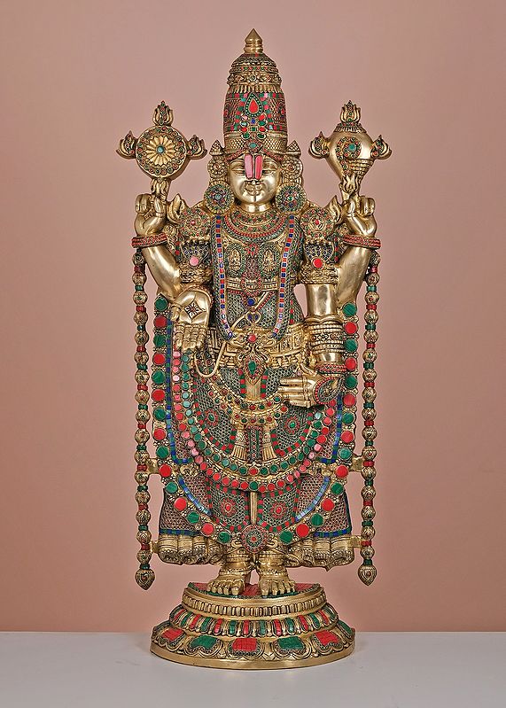 47" Large Brass Lord Venkateshwara with Inlay Work | Handmade