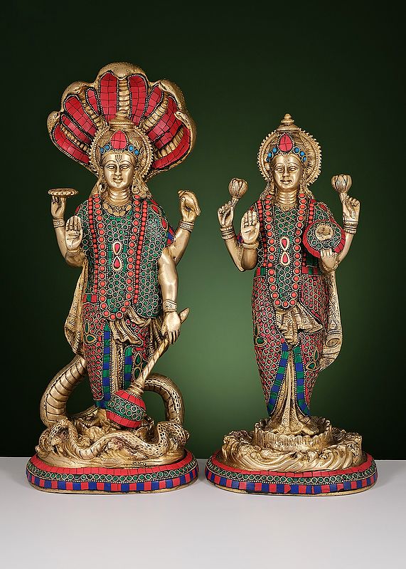 17" Brass Standing Lord Vishnu with Goddess Lakshmi | Handmade