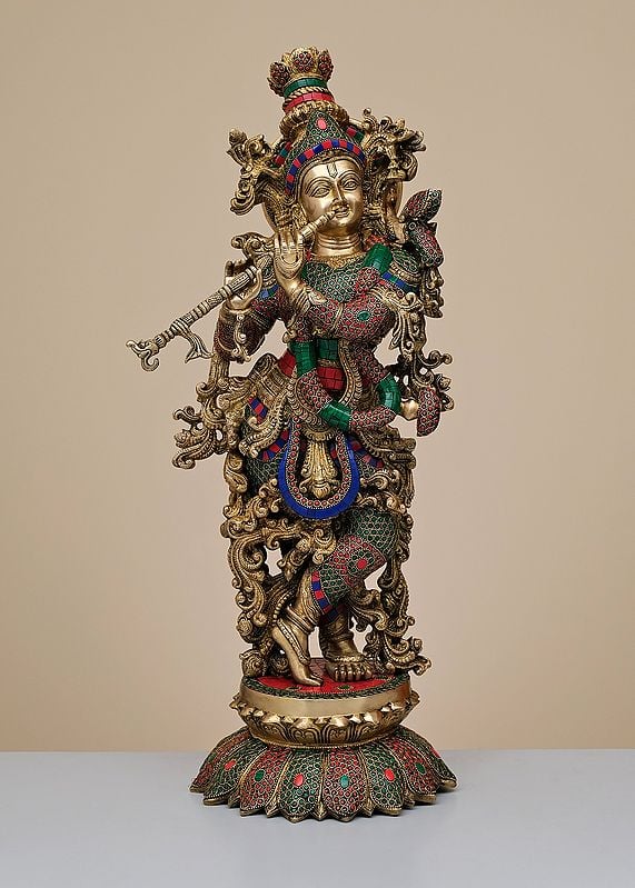 26" Brass Fluting Krishna with Inlay Work | Handmade