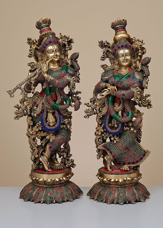 26" Brass Radha Krishna with Inlay Work | Handmade