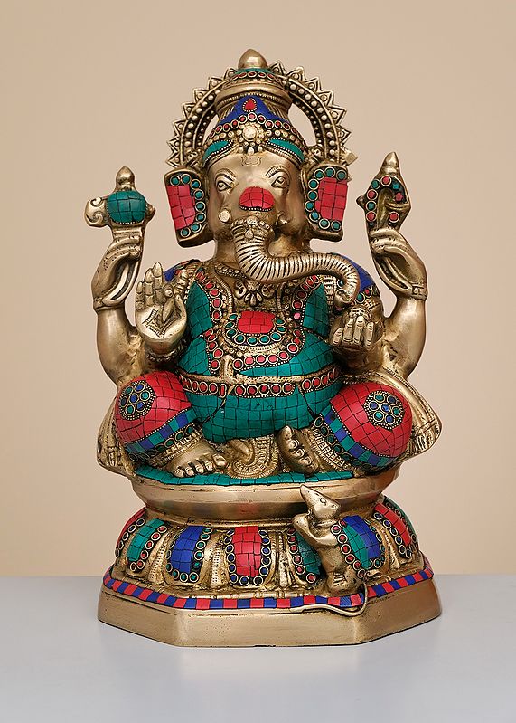 15" Brass Lord Ganesha with Inlay Work | Handmade