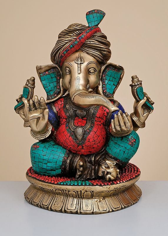 20" Brass Pagdi Ganesha with Inlay Work | Handmade