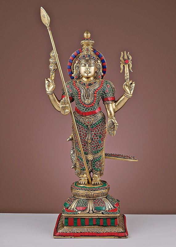 19" Brass Lord Karttikeya (Murugan) with Inlay Work | Handmade