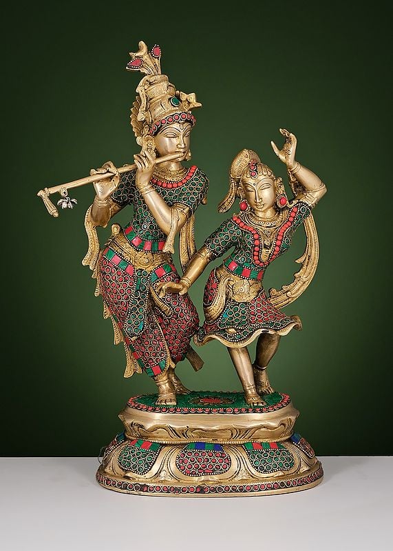 16" Brass Dancing Radha Krishna with Inlay Work | Handmade