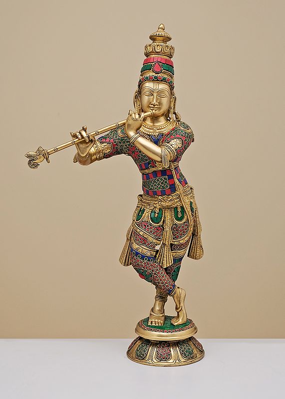 23" Brass Fluting Krishna with Inlay Work | Handmade