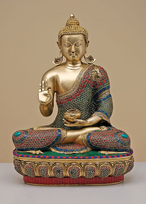 22" Brass Gautam Buddha Preaching His Dharma with Inlay Work | Handmade