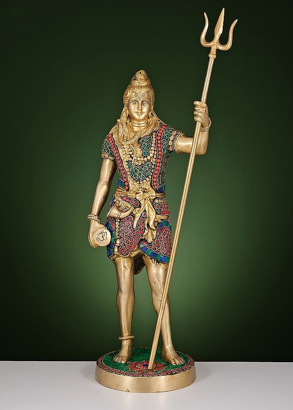18" Brass Standing Shiva with Inlay Work | Handmade