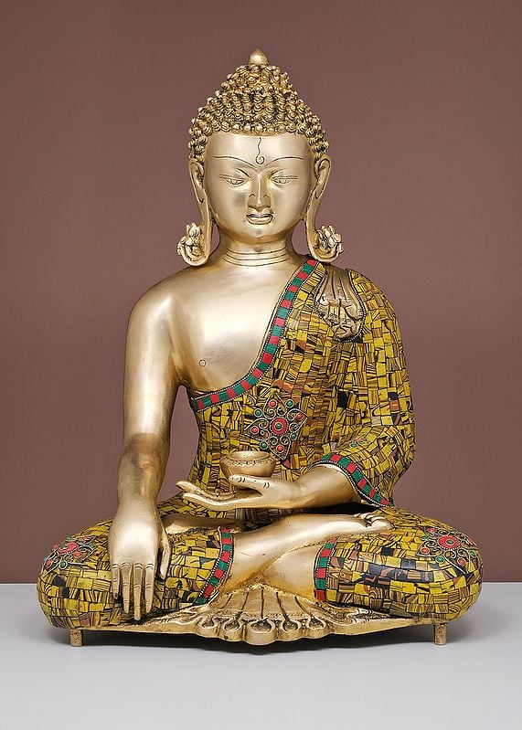 20" Brass Bhumisparsha Buddha with Inlay Work | Handmade
