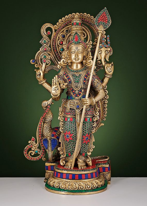 22" Brass Lord Karttikeya (Murugan) with Inlay Work | Handmade