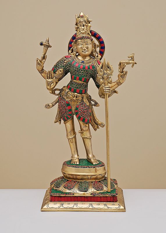21" Brass Standing Shiva with Inlay Work | Handmade