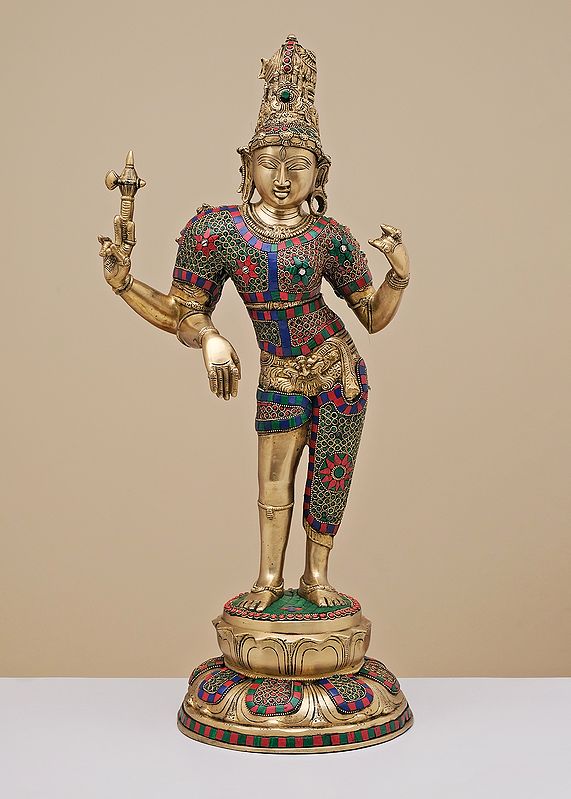 26" Brass Ardhanarishvara with Inlay Work | Handmade