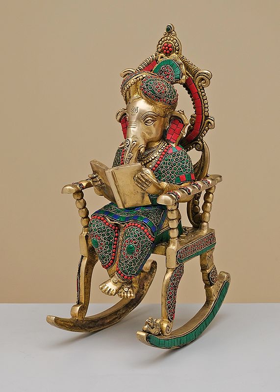 17" Brass Ganesha On Rocking Chair with Inlay Work | Handmade