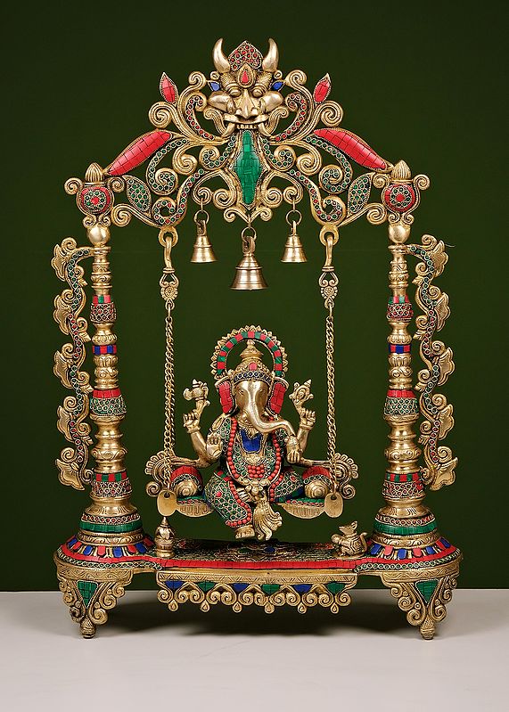26" Brass Swing Lord Ganesha with Inlay Work | Handmade