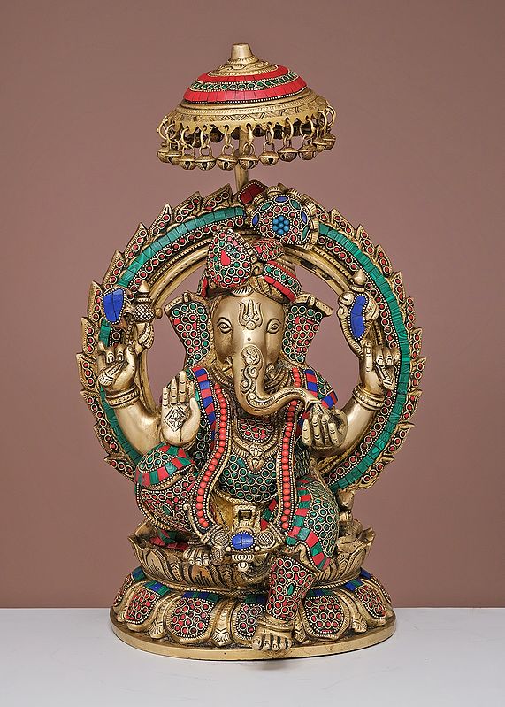 18" Brass Lord Ganesha with Inlay Work | Handmade
