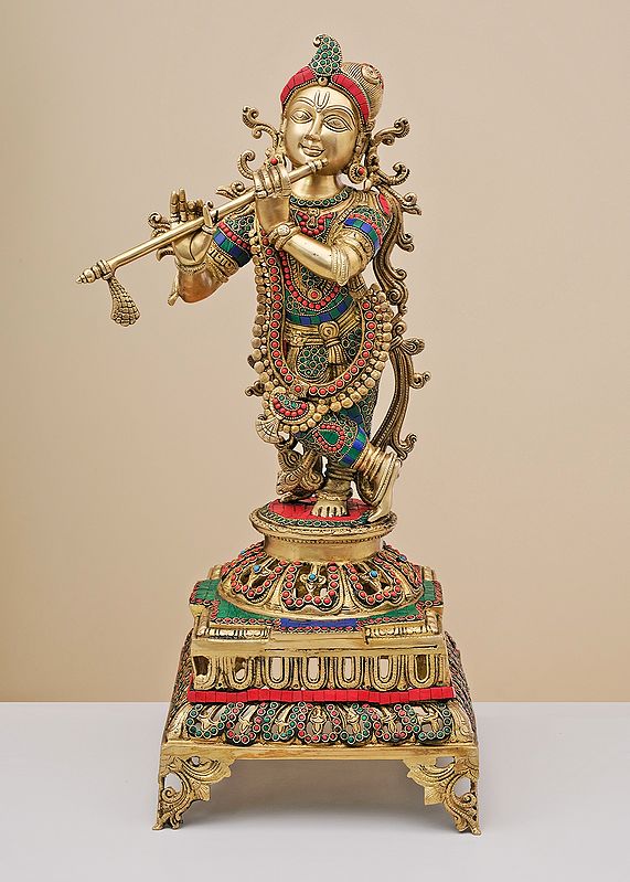 25" Brass Fluting Krishna with Inaly Work | Handmade