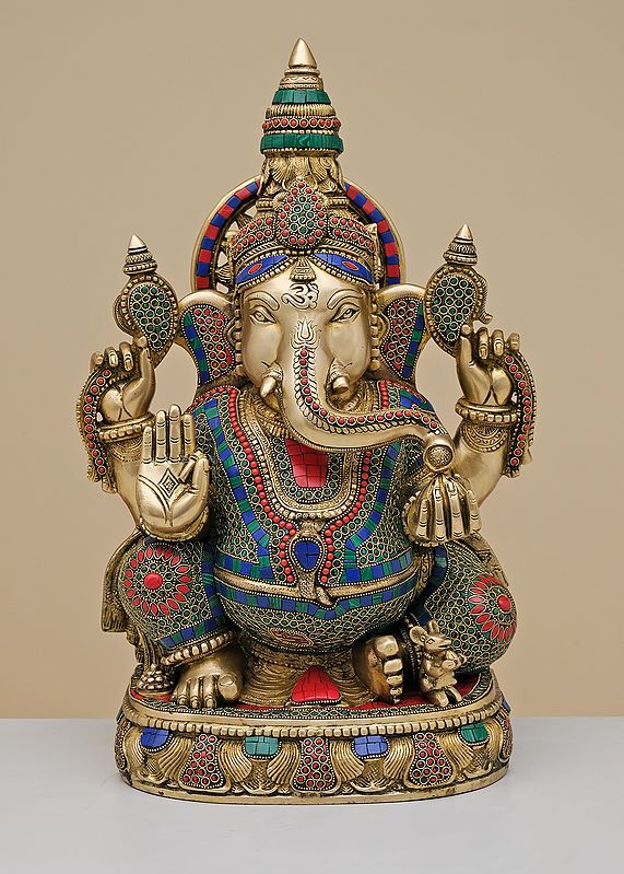 20" Brass Lord Ganesha with Inlay Work | Handmade