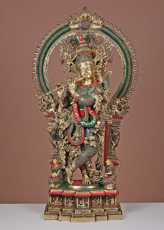 32" Large Brass Fluting Krishna with Arch | Handmade