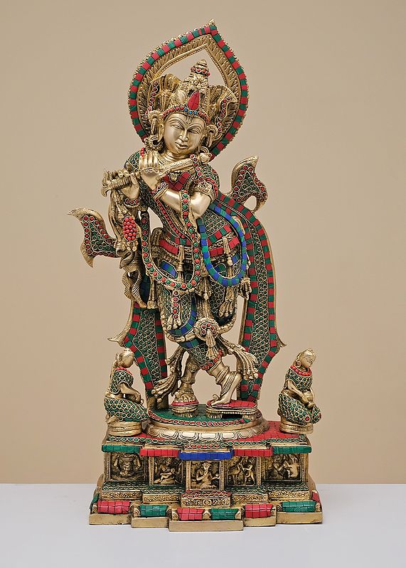 25" Brass Fluting Krishna with Inlay Work | Handmade