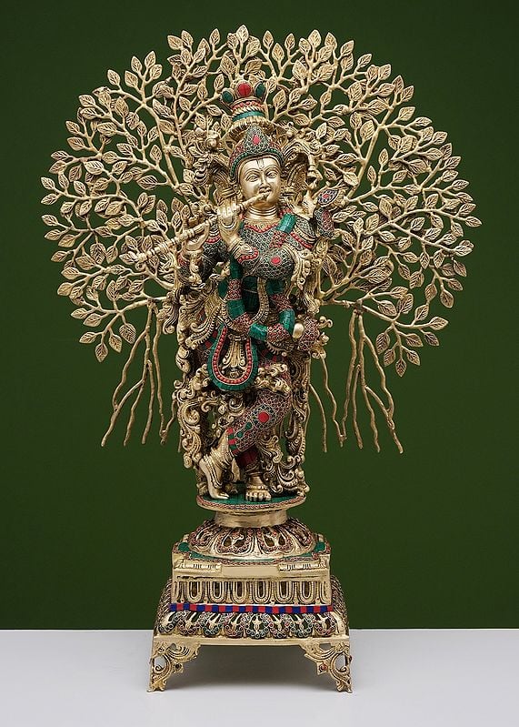 35" Large Brass Fluting Krishna with Tree | Handmade