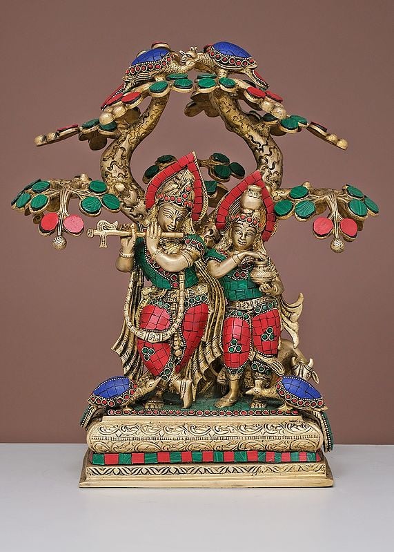 16" Brass Radha Krishna with Tree | Handmade
