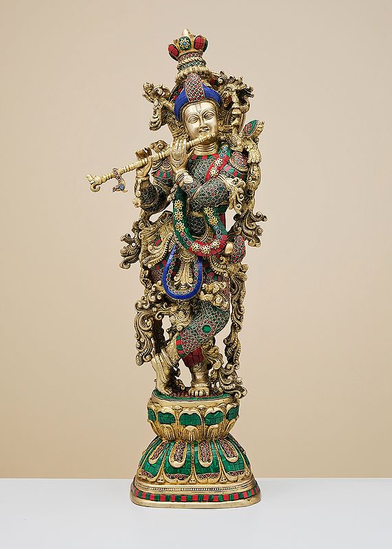29" Brass Fluting Krishna with Inlay Work | Handmade