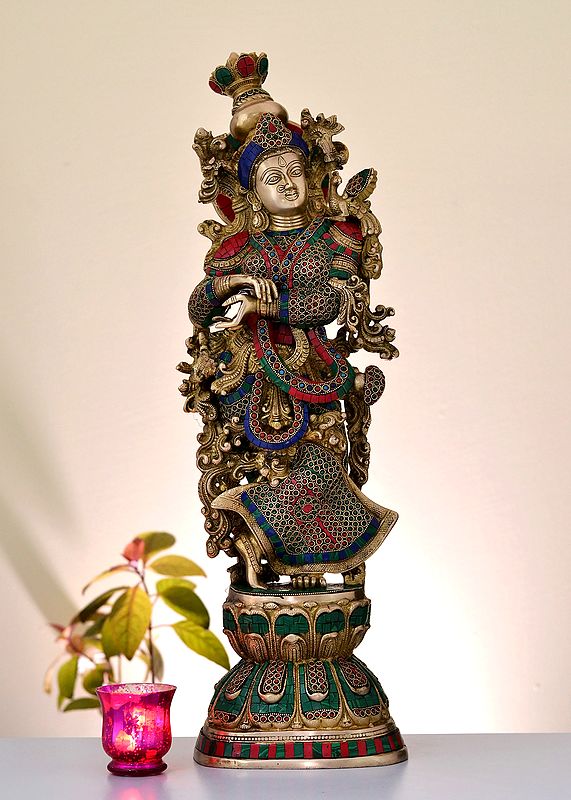 29" Brass Goddess Radha with Inlay Work | Handmade