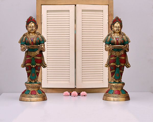 23" Brass Deeplakshmi with Inlay Work (Pair) | Handmade
