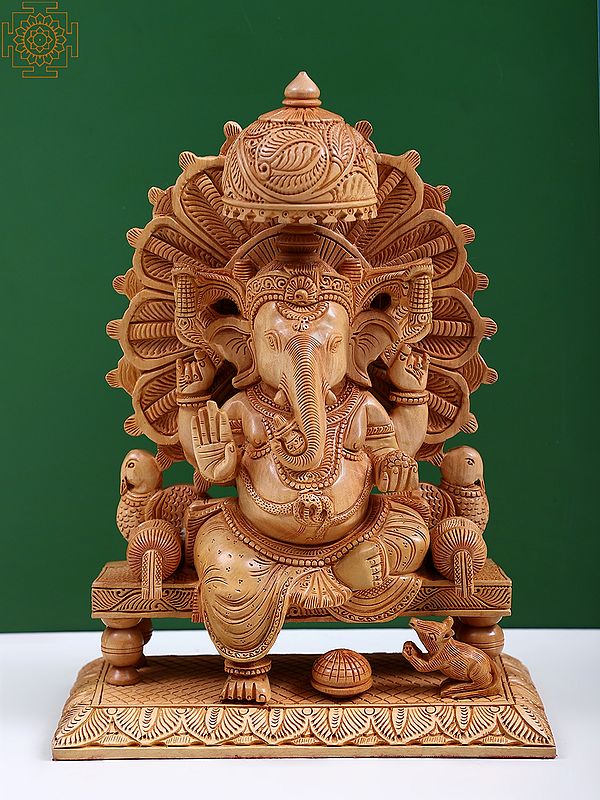12" Wooden Lord King Ganesha Seated on Throne