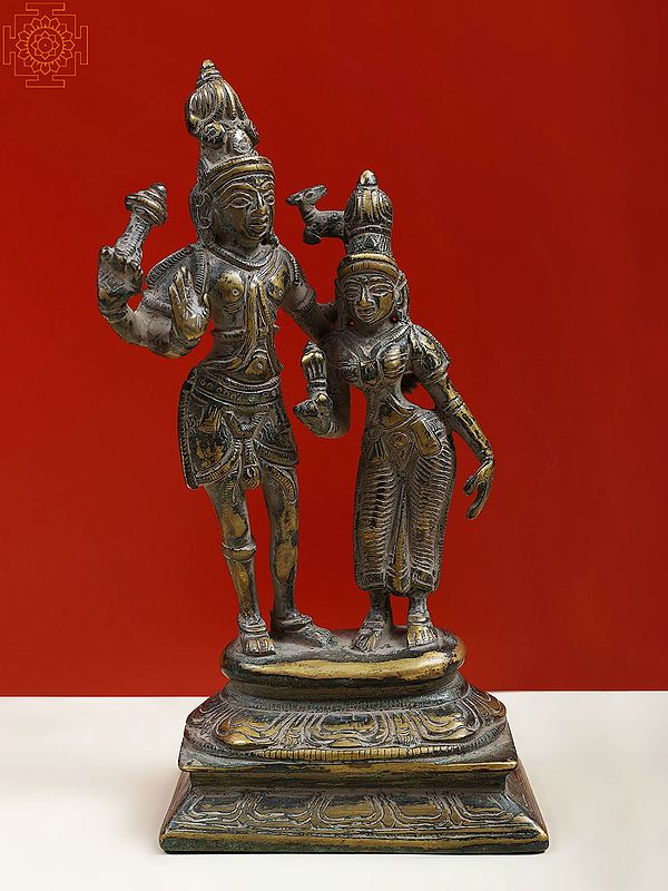 8" Brass Lord Shiva Goddess Parvati Standing on Pedestal