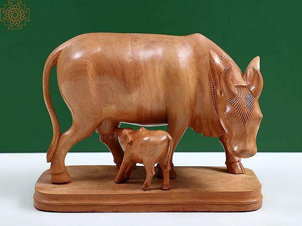 11" Wooden Mother Cow with Calf