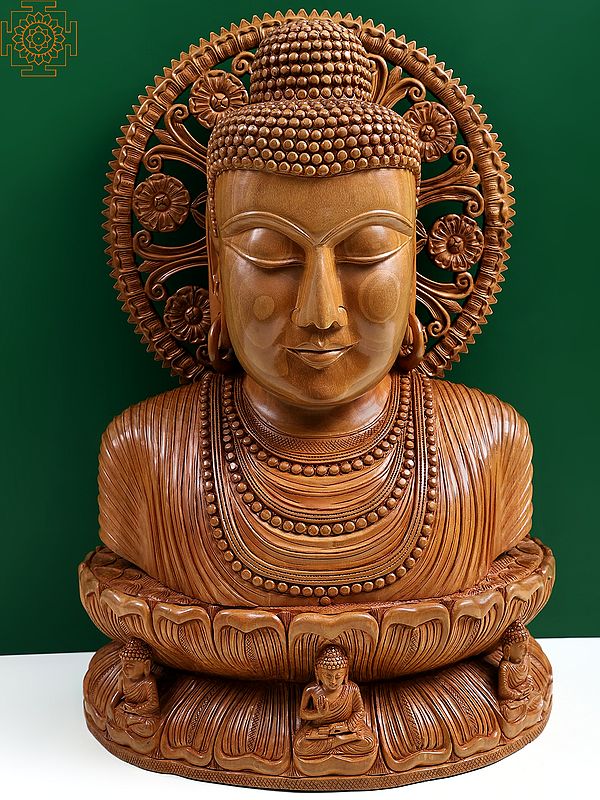 22" Buddha Bust on Pedestal In Wood