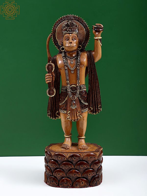 12" Wooden Statue of Lord Hanuman Standing on Pedestal