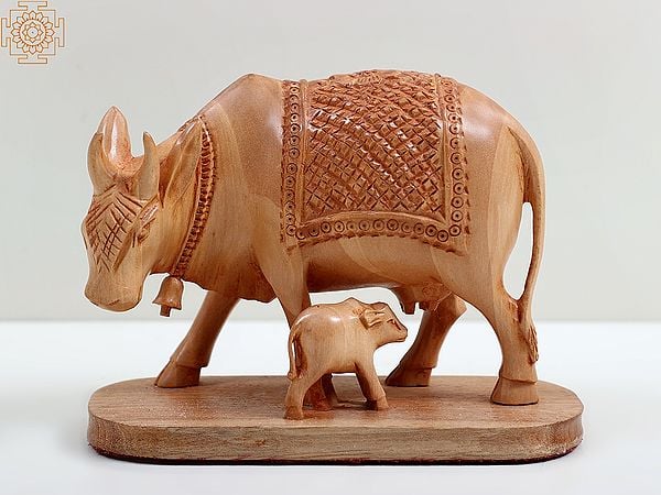 5" Small Mother Cow Wooden Sculpture with Calf