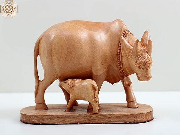 4" Small Wooden Cow With Calf - Most Sacred Animal of India