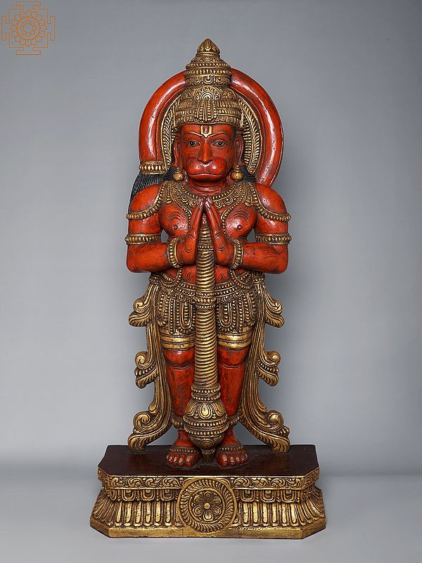 50" Large Wooden Standing Lord Hanuman in Namaskar Mudra
