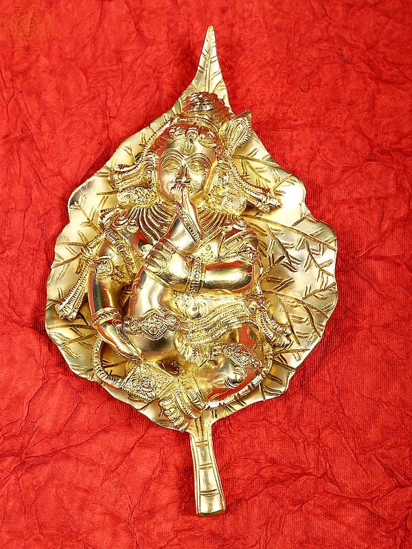 9" Baby Krishna on Peepal Leaf Wall Hanging In Brass
