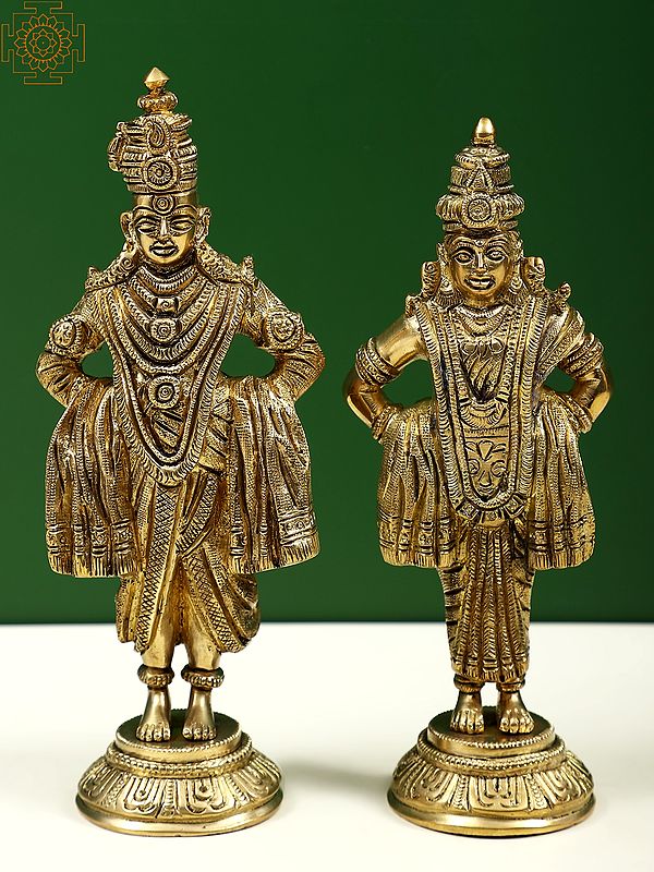 8" Lord Vitthal and Goddess Rukmini On Pedestal In Brass