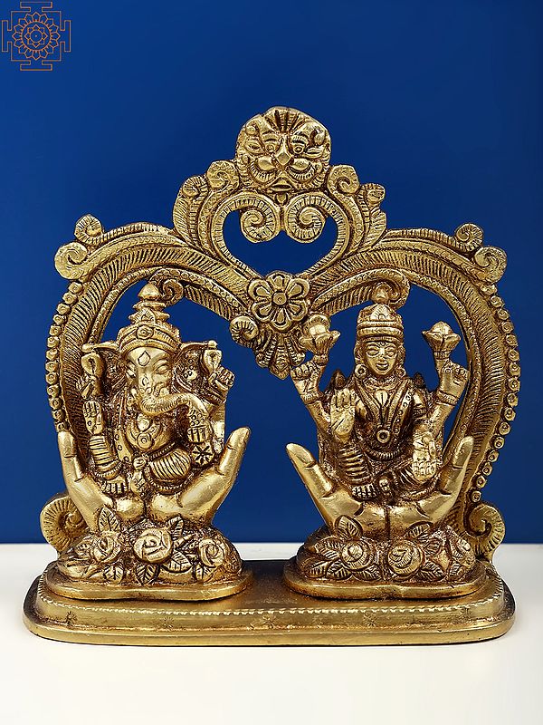 5" Small Brass Ganesha Lakshmi Statue Seated on Hand Pedestal