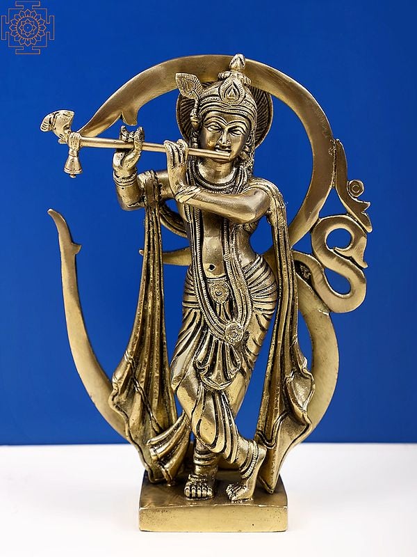 8" Brass Fluting Lord Krishna, Against The Backdrop Of Om