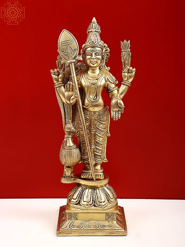 14'' Four Armed Standing Lord Karttikeya (Murugan) with Peacock In Brass