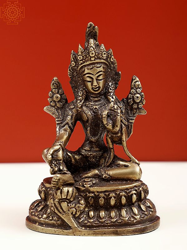 4" Small Green Tara Brass Idol | Tibetan Buddhist Deity Statue