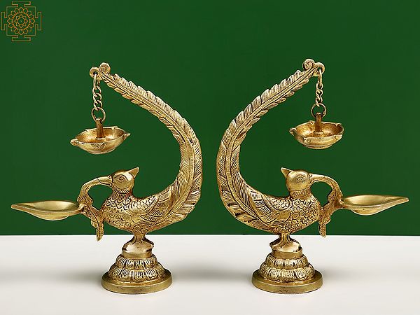 8" Brass Pair of Peacock Lamp with Five Wicks Diya Hanging on Peacock's Tail