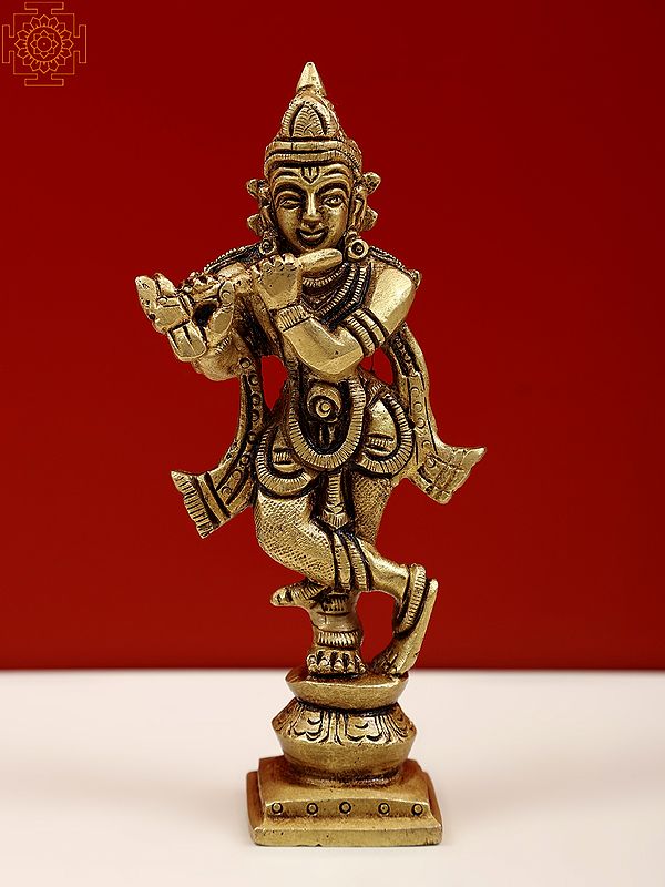 4" Small Brass Lord Krishna Idol Playing Flute