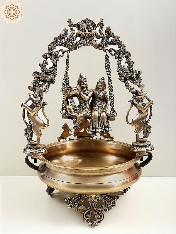 21" Brass Urli with Radha Krishna on a Swing