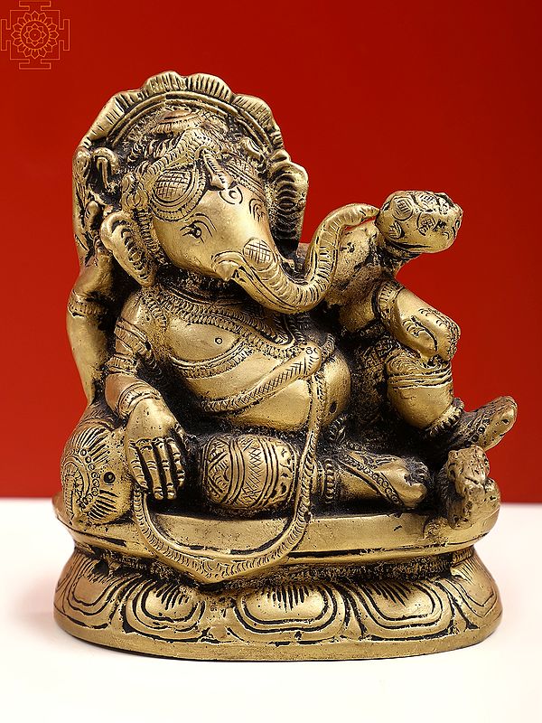 5" Brass Small Relaxing Ganesha Sculpture on Pedestal | Handmade