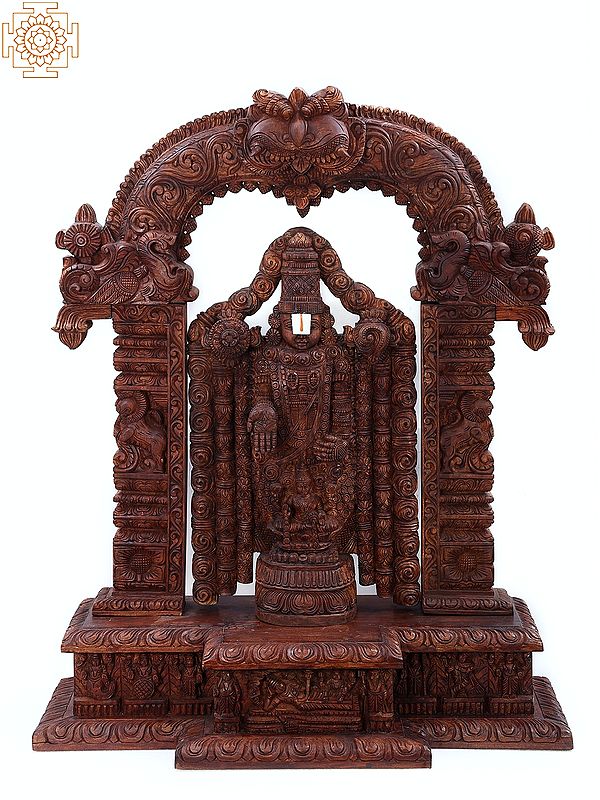 53" Large Wooden Lord Tirupati Balaji (Venkateshvara) with Goddess Lakshmi